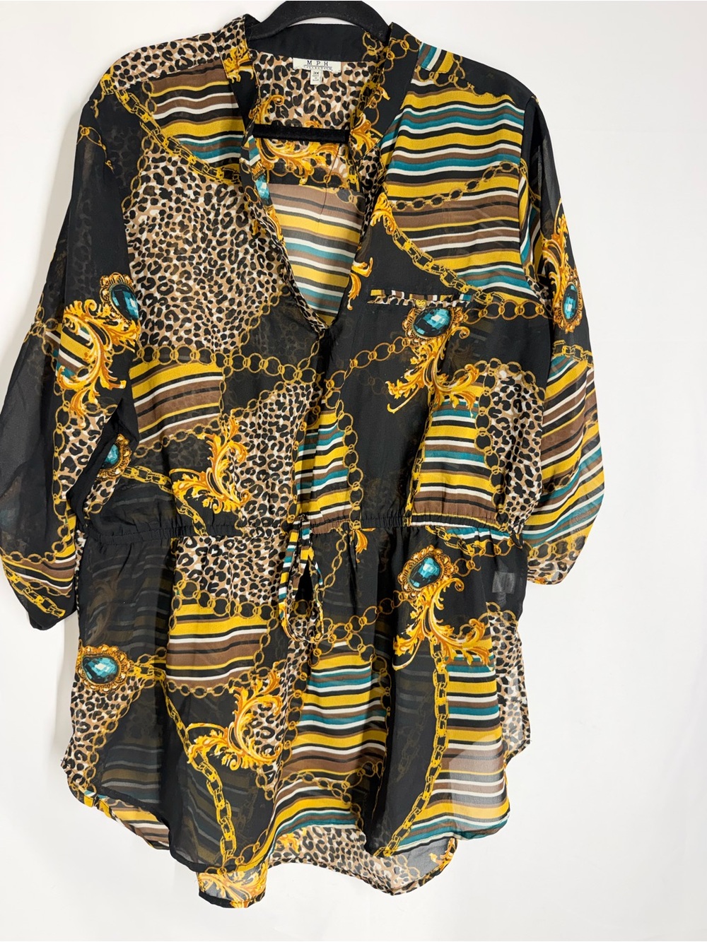 Black Baroque-Print Sheer Drawstring Blouse
